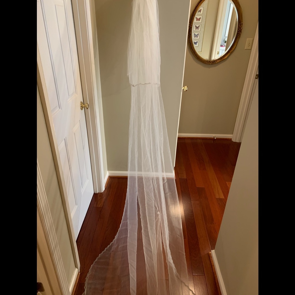 Cathedral length veil with attached blusher